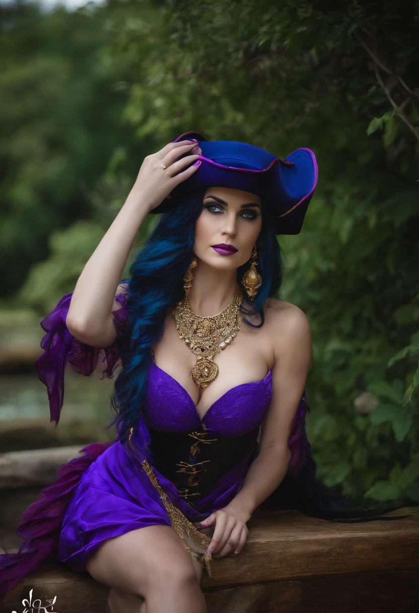 Licorne, Capitaine pirate, sourire, sur un navire, femelle, couleur violette, long back mane three shades of blue that ends in a ponytail, Tenue de pirate, tricorne de capitaine pirate.