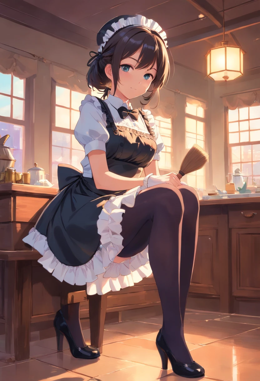 (best quality, ultra-detailed), french maid uniform, black stockings, busty, elegant pose, sultry expression, luxurious setting, soft lighting, vintage style, vibrant colors.