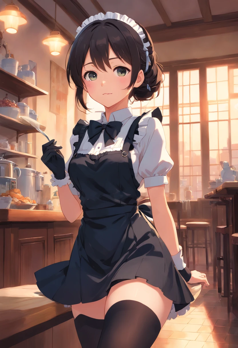 (best quality, ultra-detailed), french maid uniform, black stockings, busty, elegant pose, sultry expression, luxurious setting, soft lighting, vintage style, vibrant colors.