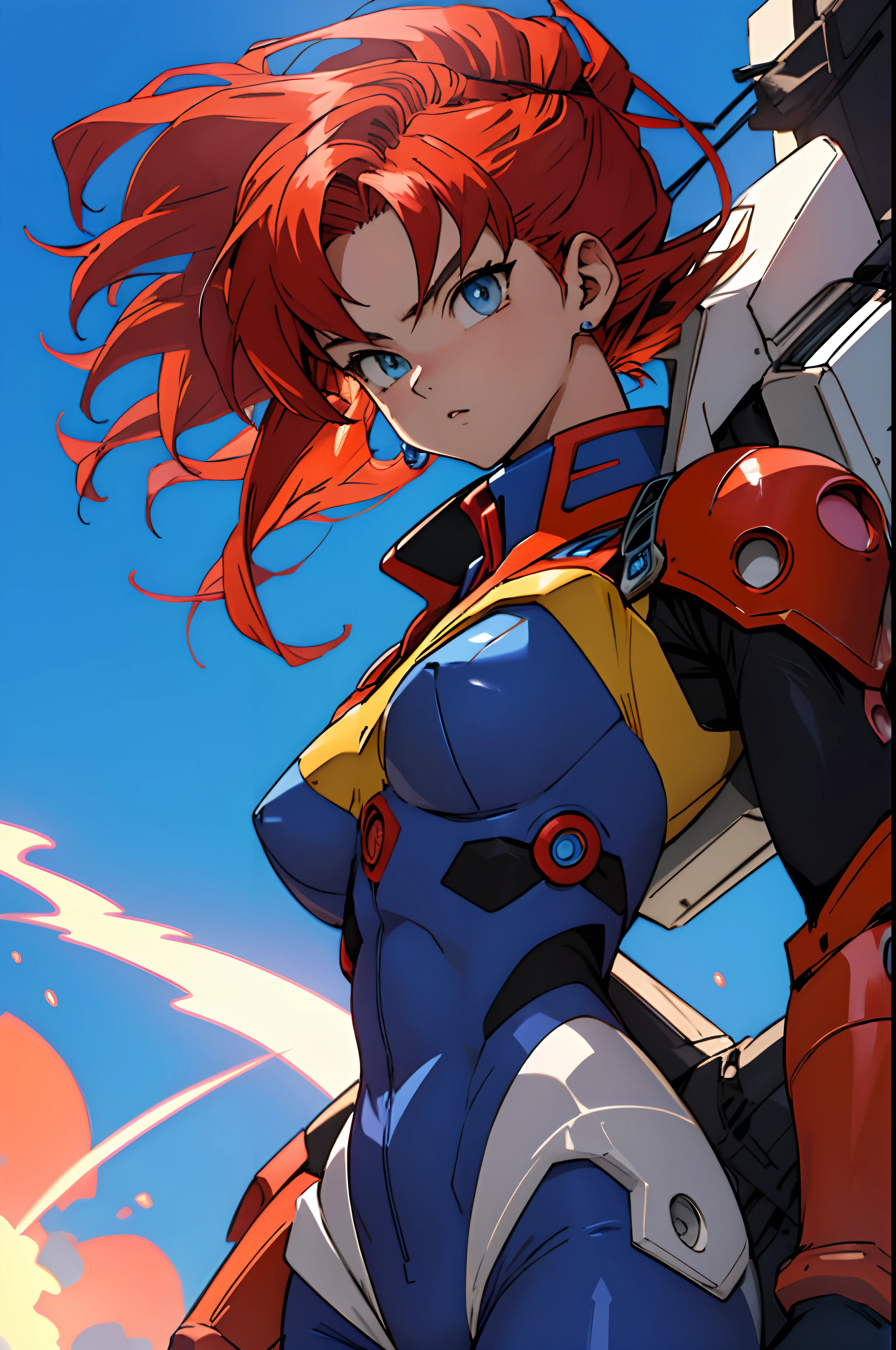 dragon ball style, evangelion style, 1girl in front of large mecha, blue eyes, medium red hair, wearing bodysuit, feminine