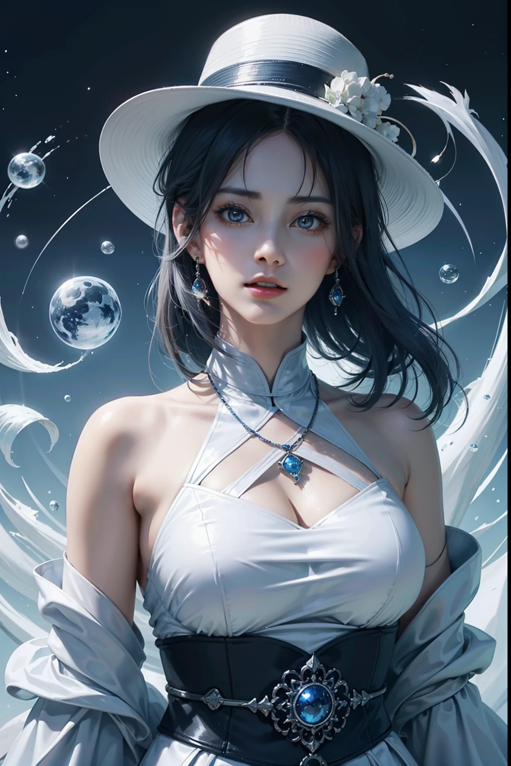 Gossip Diagram,Yin and Yang Eyes,taijitu,Woman,conservative clothing,Poor milk,(Wearing a big hat),Blue Crane,Wearing blue and red and white princess dresses,upper body close - up,Close-up photos,jewely,Vision of Heaven and Earth,Diamond,carp,The background is the Milky Way,solar system
