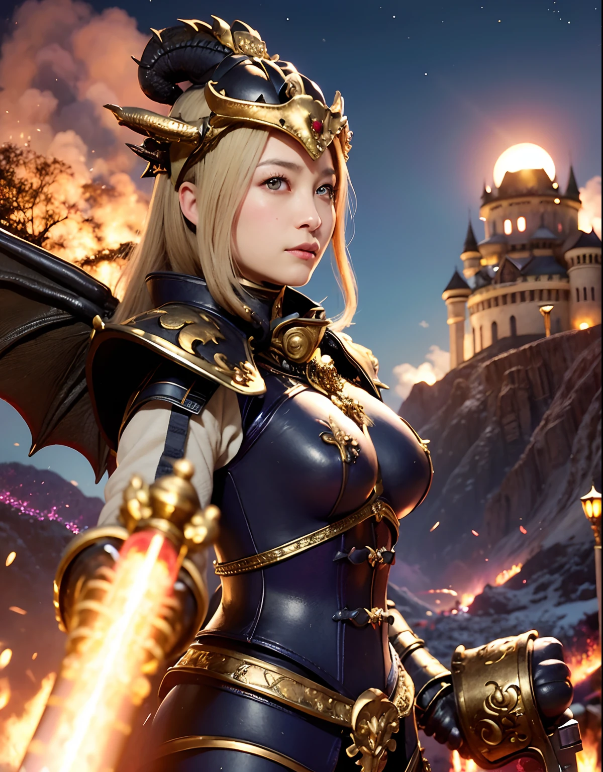 Professional , ​masterpiece、top-quality、photos realistic , depth of fields 、（Dragon Blue Metal Body:1.3),(Enamel purple、Black world、Night World、a moon、（cleavage of the breast）、Mystical expression、Dragon Gold Weapon、（Red Micro Bikini Armor:1.2),Gorgeous gold weapons ,Particles of light、（（ Dragon's dense and gorgeous sword）） , （demonic wings）、（（a blond））、（Castle background）、（（Gangle's forest background））、（（Fight dragons））、Beautiful Caucasian beauty、１a person、dynamic ungle,(((Detailed and ornate dragon helmet)))、Smaller head、A smile、Castle background、Thin and beautiful female hands、cleavage of the breast、Soldier in iron armor on background、Mystical expression、Light Effects、intense fighting、Wind-effect、magic circles、With the legendary magic wand、Dragon's tail、explosions、Anatomically correct body、