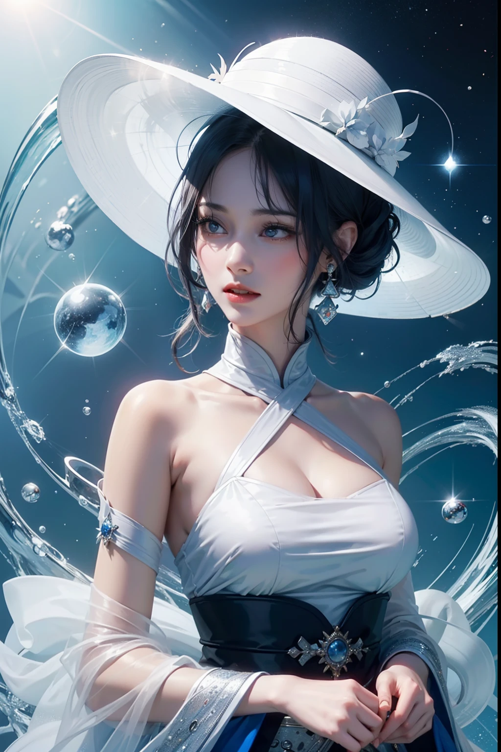 Gossip Diagram,Yin and Yang Eyes,taijitu,Woman,conservative clothing,Poor milk,(Wearing a big hat),Blue Crane,Wearing blue and red and white princess dresses,upper body close - up,Close-up photos,jewely,Vision of Heaven and Earth,Diamond,carp,The background is the Milky Way,solar system