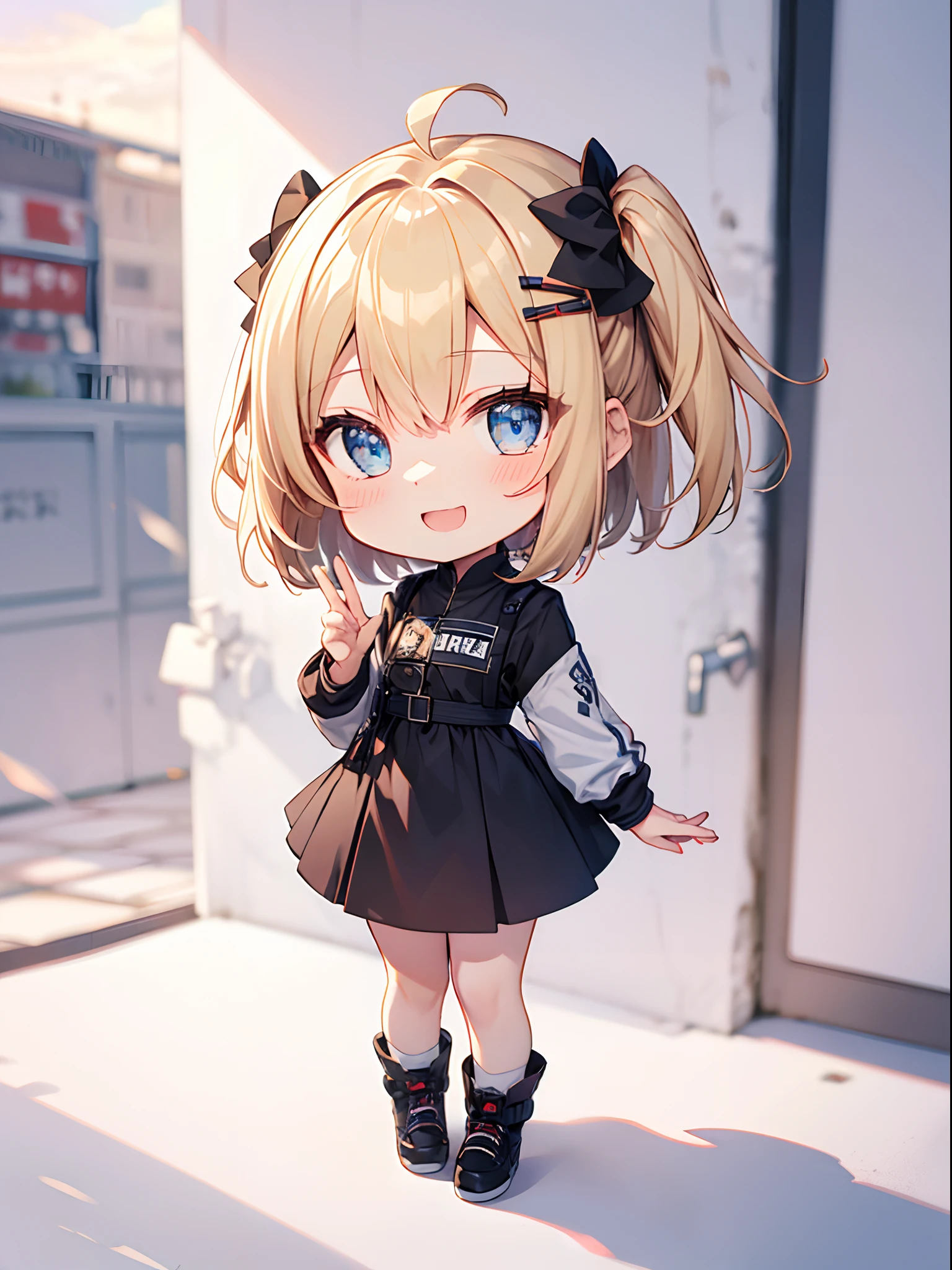 absurderes, ultra-detailliert,(独奏:1.3)bright colour, extremely beautiful detailed anime face and eyes,(Chibi:1.4),Happy smile,Short hair, , asymmetrical bangs, Blonde hair with short twin tails, Shiny hair, Delicate beautiful face,Blue eyes, White skin, hair clips, Beautiful cloud, Dusk sky,piece sign、Opening Mouth,(Full body:1.4)