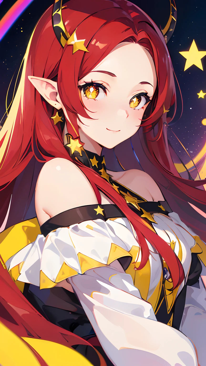 (masterpiece, best quality), ((1girl, (mature female) long hair), (star-shaped pupils,  +_+, symbol-shaped pupils, sparkling eyes)), (looking at viewer, light smile, off shoulder), (multicolored background, abstract background, chromatic aberration),( red hair, yellow eyes, forehead