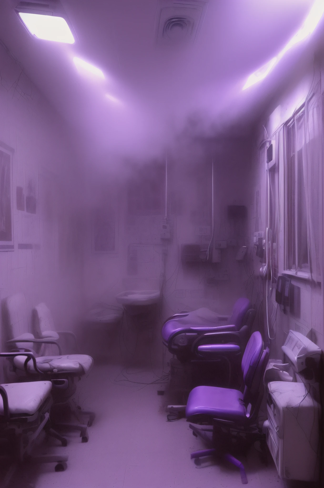(mid night、deep in the night)、(Nostalgic but worrisome photos、Images in a dream)、((unmanned、There are no people))、((In the hospital、Examination table、Purple light、faint fog))、((Particle、Grainy photo、Film Touch、color photograph、colourfull、wide angles、wide-angle lens))、