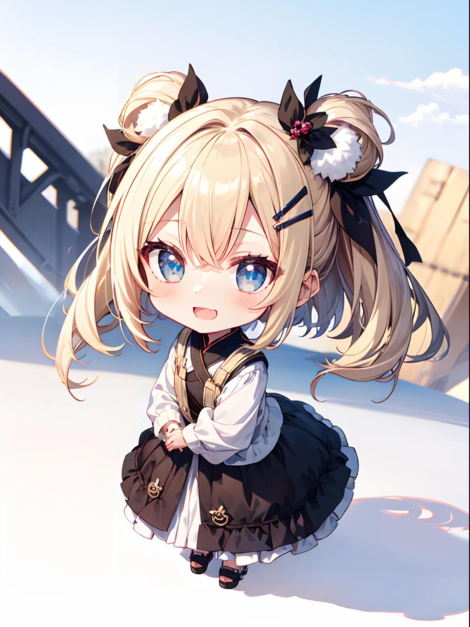 absurderes, ultra-detailliert,(独奏:1.3)bright colour, extremely beautiful detailed anime face and eyes,(Chibi:1.4),Happy smile,Short hair, , asymmetrical bangs, Blonde hair with short twin tails, Shiny hair, Delicate beautiful face,Blue eyes, White skin, hair clips, Beautiful cloud, Dusk sky,piece sign、Opening Mouth,(Full body:1.4)