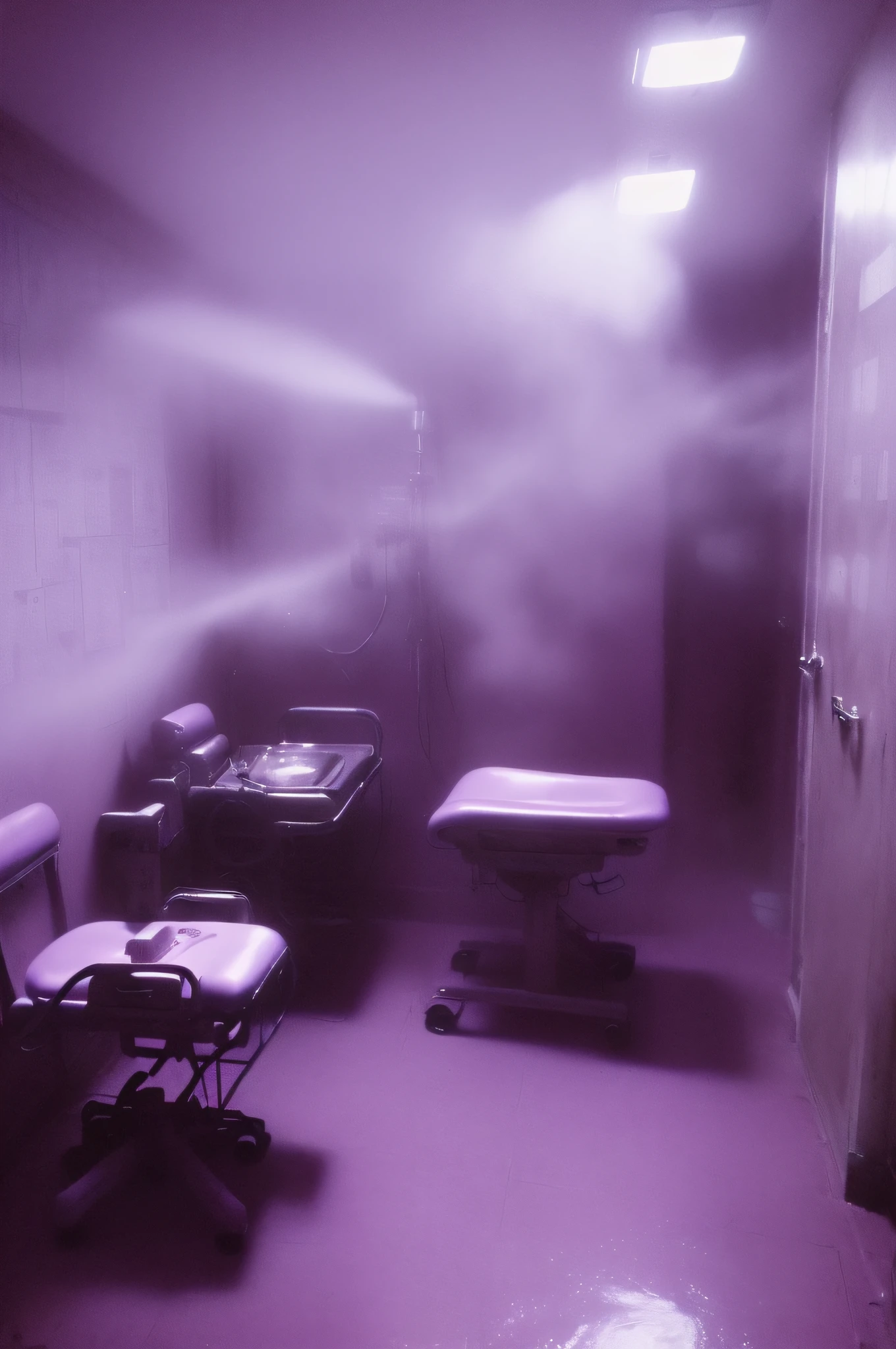 (mid night、deep in the night)、(Nostalgic but worrisome photos、Images in a dream)、((unmanned、There are no people))、((In the hospital、Examination table、Purple light、faint fog))、((Particle、Grainy photo、Film Touch、color photograph、colourfull、wide angles、wide-angle lens))、