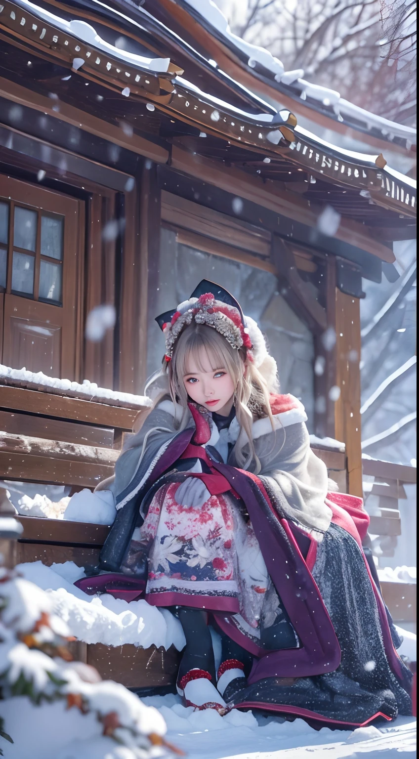 ((Works of masters)),(超高分辨率),1 girl, Sitting, Lolita costume,Cloak (Snow, Outdoor activities in winter:1.2),Outside the castle,8K,Detailed details,mirth,