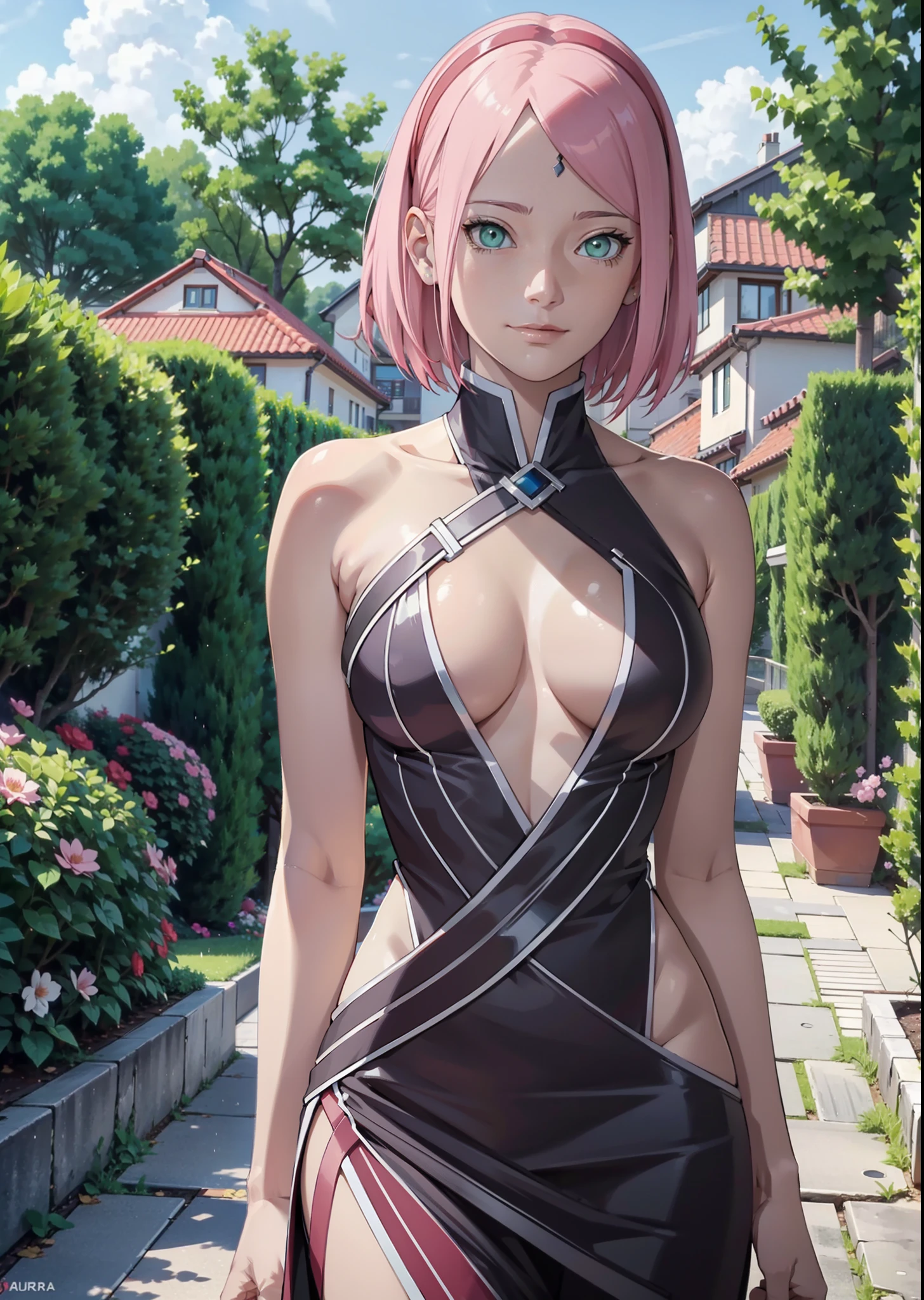 Sakura Haruno,1人,large chest,round breasts,topless,nudity,sex,Perfect Body,schmale Taille,sexy body,hellrosa Haare,green eyes,symmetrisches Gesicht,Sharpness,scharfer Fokus,cute smile,Blick auf den Betrachter,Stillstand,aufrecht stehend,Beautiful garden in the background,dunkelblaue Raute auf der Stirn,,half body,half body portrait,Upper Body Only,