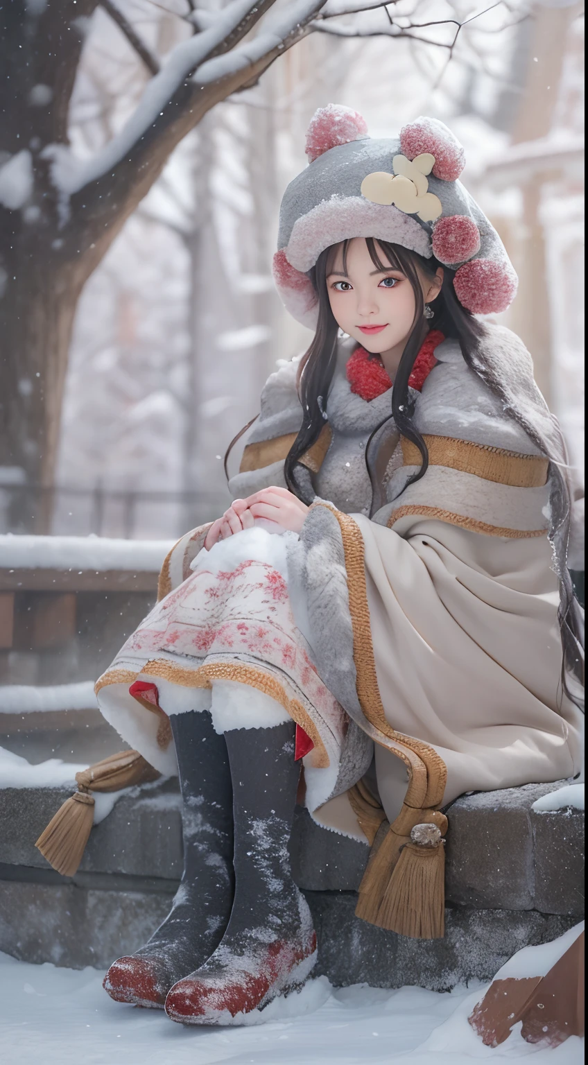 ((Works of masters)),(超高分辨率),1 girl, Sitting, Lolita costume,Cloak (Snow, Outdoor activities in winter:1.2),Outside the castle,8K,Detailed details,mirth,