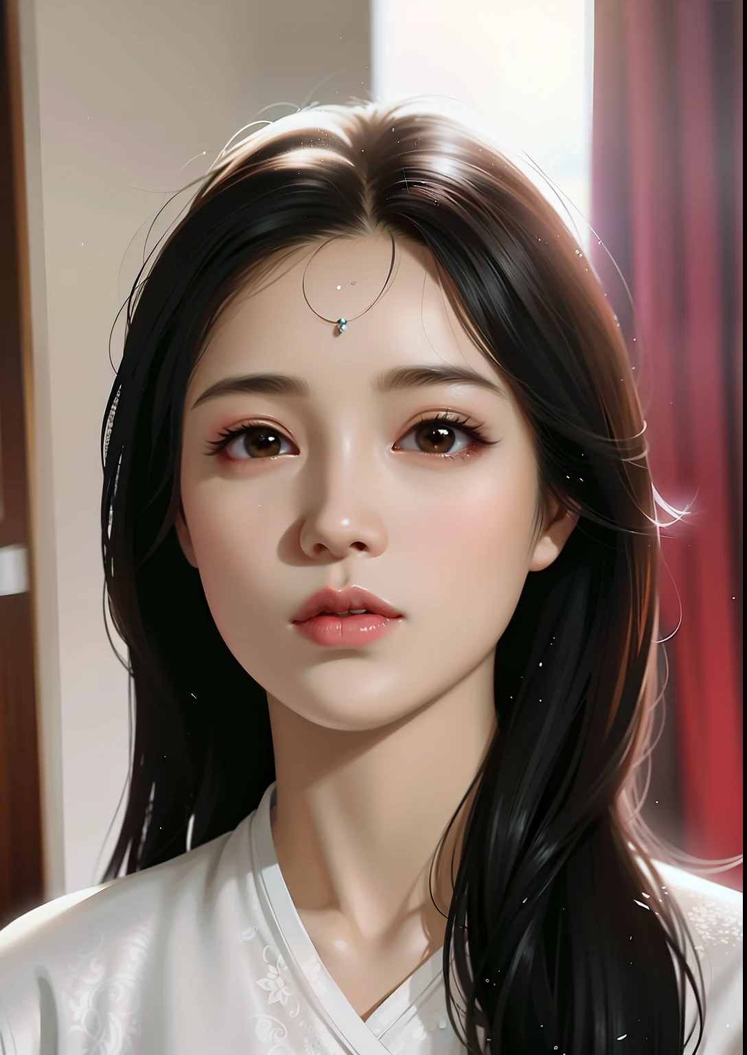 a close up of a woman with long hair wearing a white shirt, cute delicate face, Yun Ling, xintong chen, young cute wan asian face, gongbi, beautiful delicate face, female actress from korea, lei min, young lovely Korean faces, xue han, wenfei ye, Li Zixin, xision wu, Zhang Pengzhen