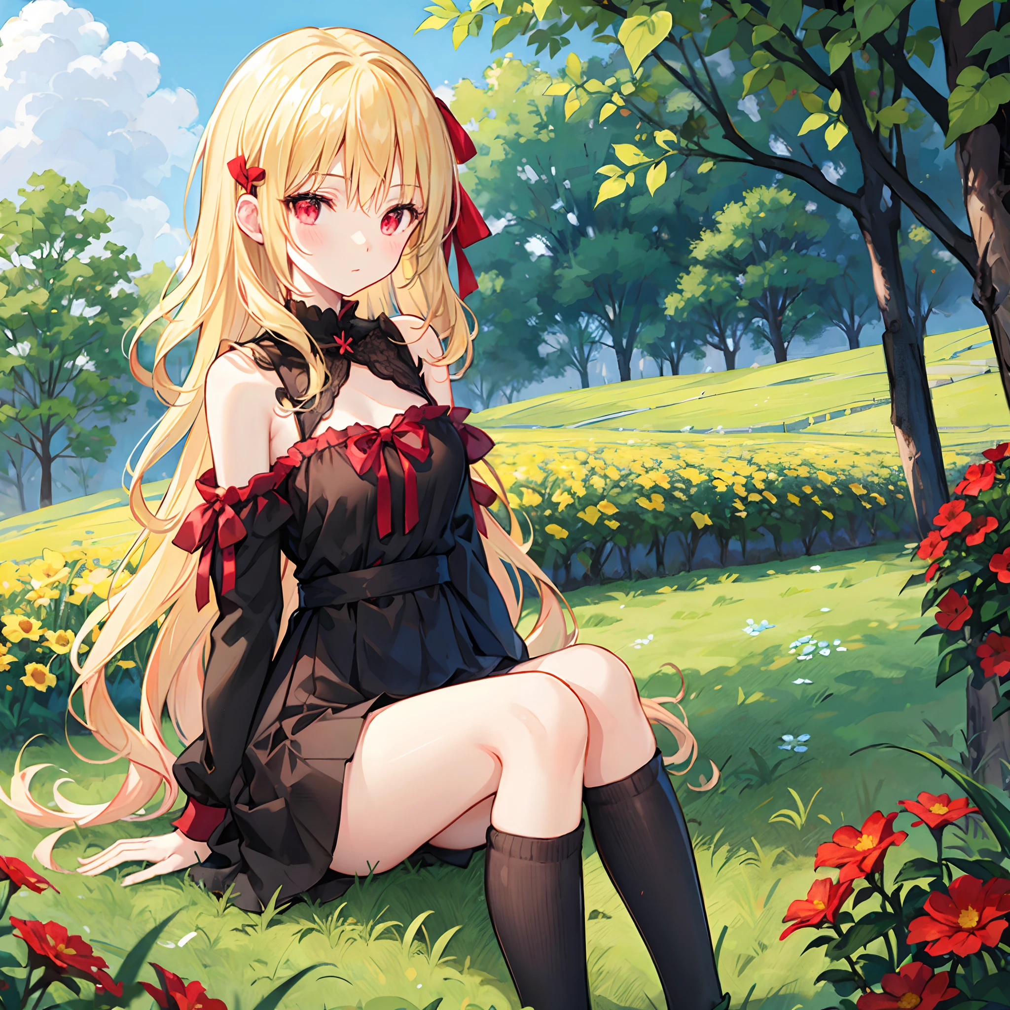 Wavy blonde、Red ribbons、red eyes、Beautiful girl alone、Black Dress、off shoulders、a miniskirt、Black tights、sitting on、flower field