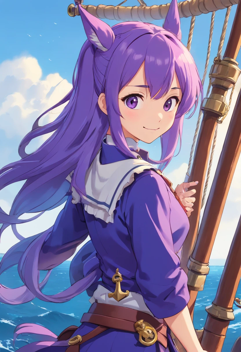 Licorne, Capitaine pirate, sourire, sur un navire, femelle, couleur violette, long back mane three shades of blue that ends in a ponytail, Tenue de pirate, tricorne de capitaine pirate, Floating épée.