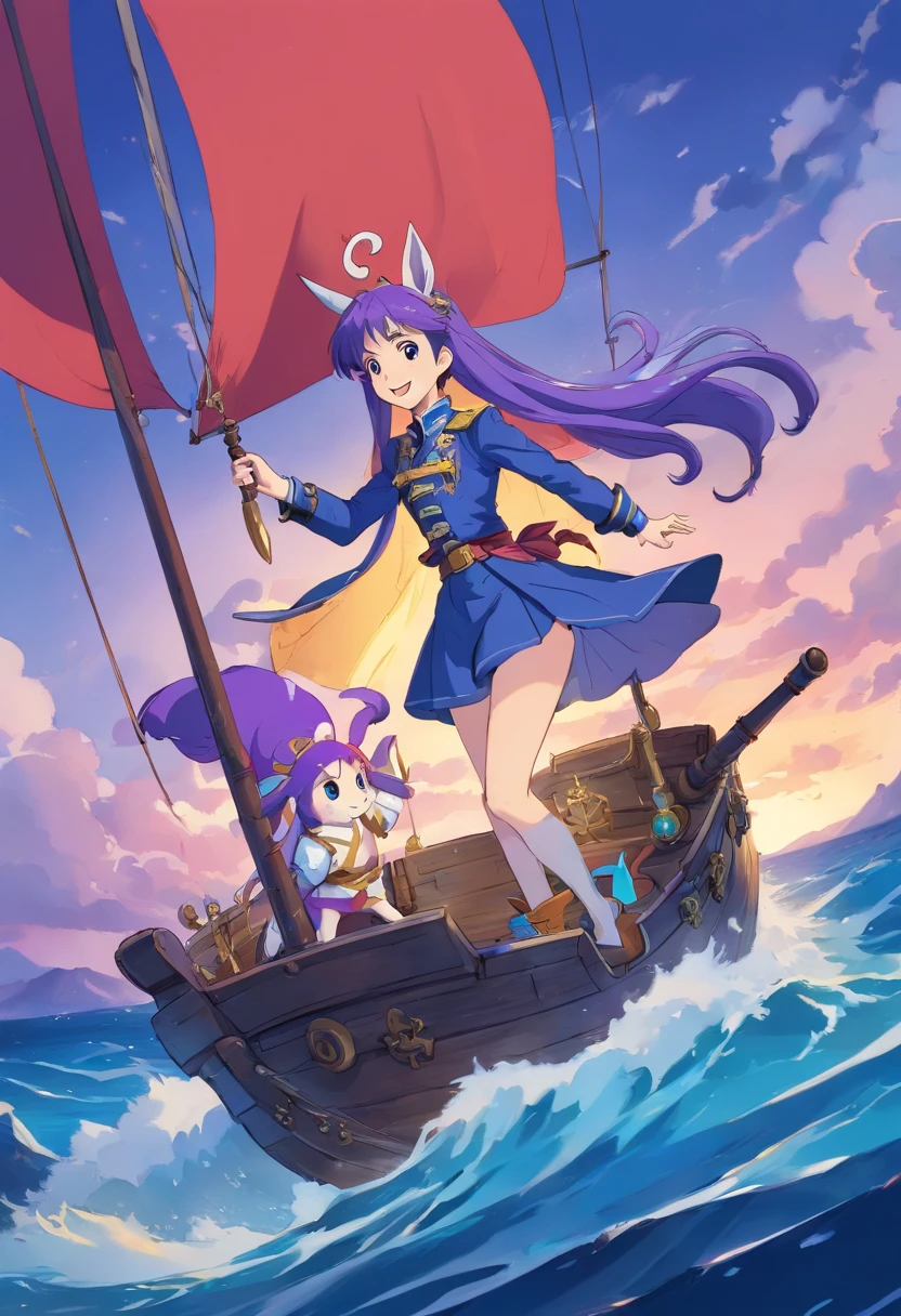 Licorne, Capitaine pirate, sourire, sur un navire, femelle, couleur violette, long back mane three shades of blue that ends in a ponytail, Tenue de pirate, tricorne de capitaine pirate, Floating épée.