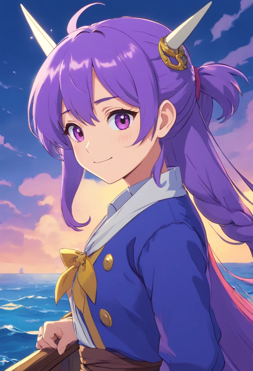 Licorne, Capitaine pirate, sourire, sur un navire, femelle, couleur violette, long back mane three shades of blue that ends in a ponytail, Tenue de pirate, tricorne de capitaine pirate, Floating épée.
