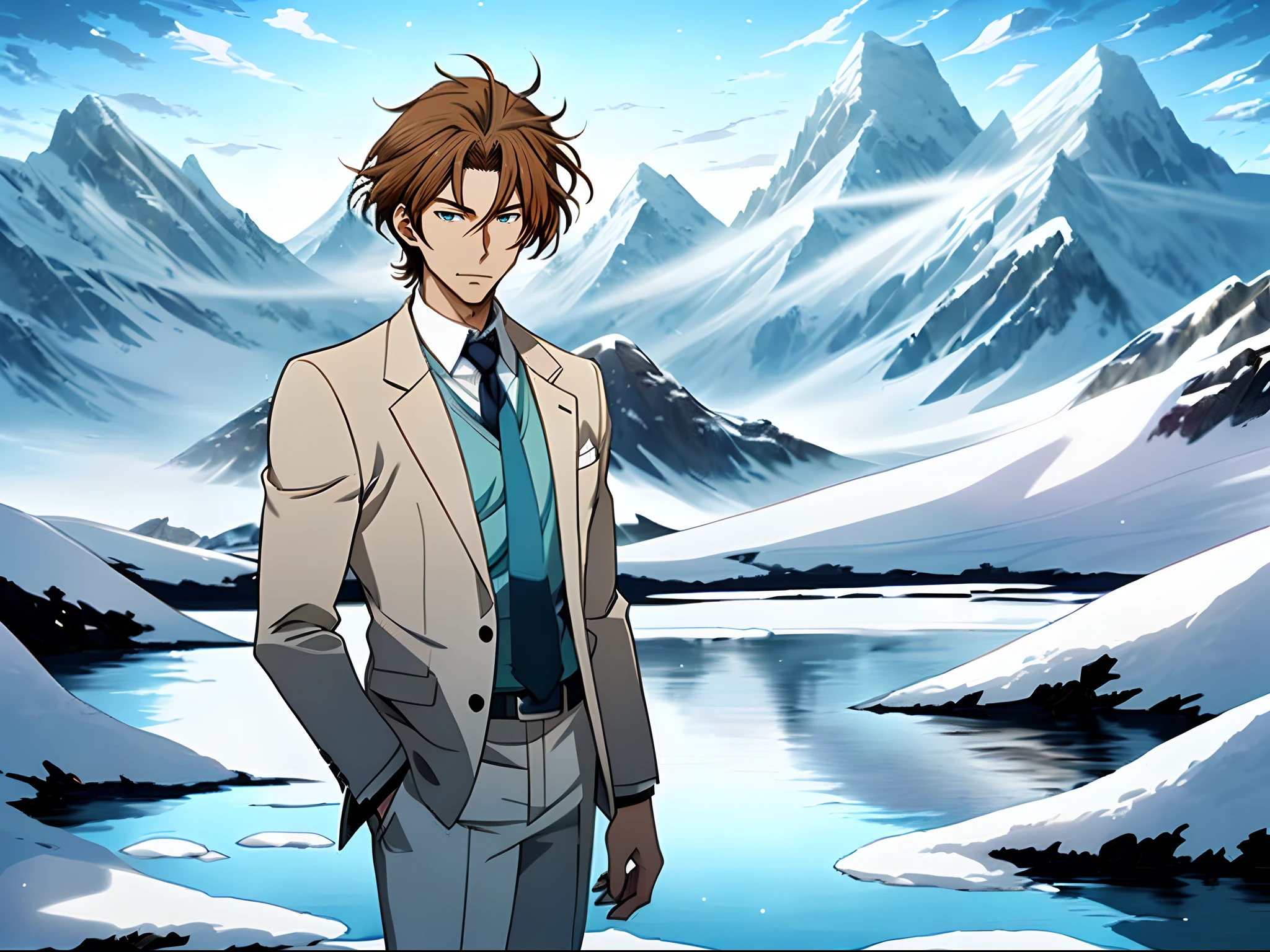 Anime image of a brown-haired man in a white suit and blue tie standing under a snowy mountain, by lake，Shinkai sincerely, New Xiangcheng, Honest, ryuta ueda artwork, offcial art, Anime handsome man,