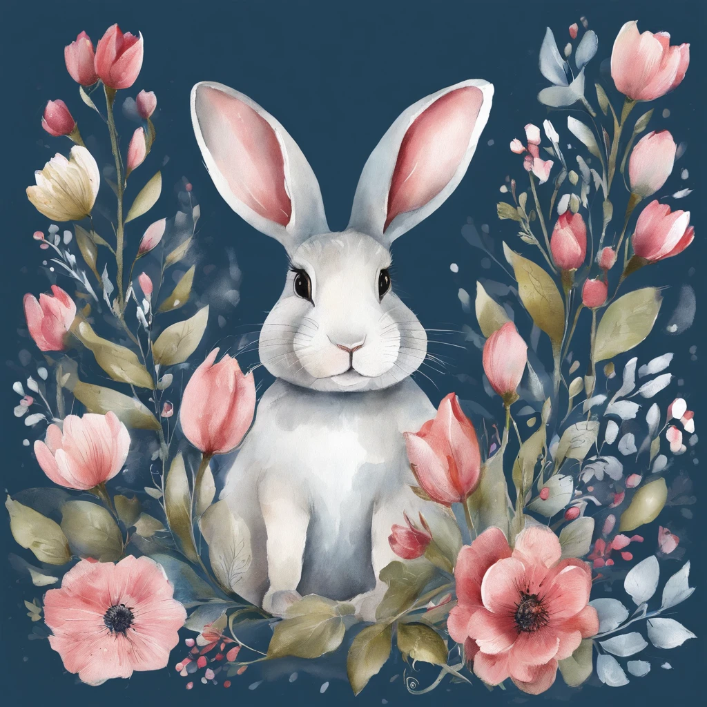 aquarelle, Small flowers, Blue and pink，Cute cartoon white rabbit， Beautiful, 1:1, the watercolor style, Flower and leaf motifs, Wet process and wet process, mute, Indigo, Fabric design, Flat illustration, highly detailed cleaning, Vector image, Masterpiece, professional, isometry, Bright vector, Black background, Dry brush, Brush strokes, Painted on canvas, by J.m.Show on the. Turner. Expressive markers.