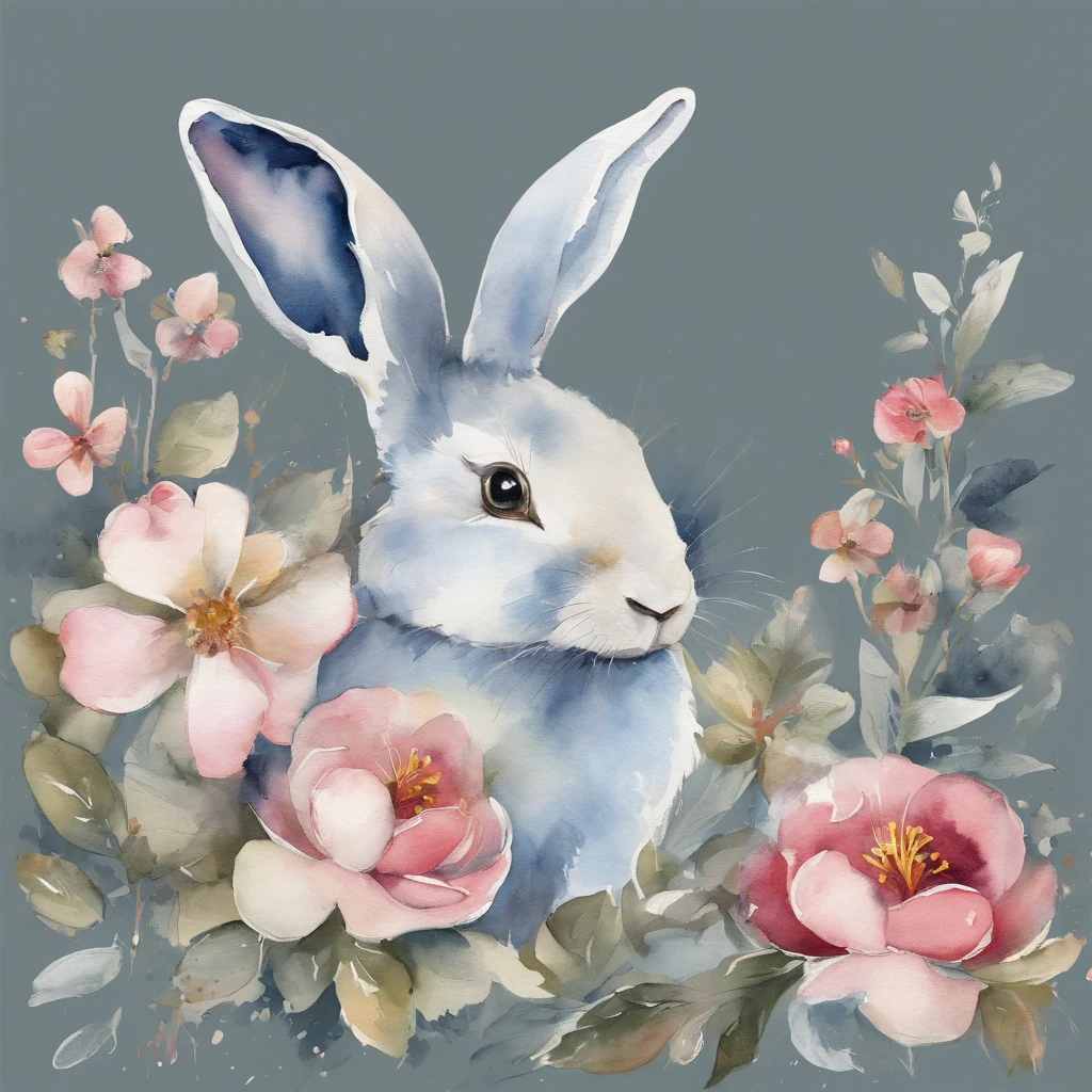 aquarelle, Small flowers, Blue and pink,Cute cartoon white rabbit, Beautiful, 1:1, the watercolor style, Flower and leaf motifs, Wet process and wet process, mute, Indigo, Fabric design, Flat illustration, highly detailed cleaning, Vector image, Masterpiece, professional, isometry, Bright vector, Black background, Dry brush, Brush strokes, Painted on canvas, by J.m.Show on the. Turner. Expressive markers.