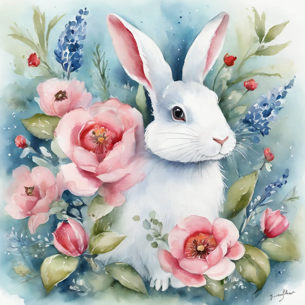 aquarelle, Small flowers, Blue and pink,Cute cartoon white rabbit, Beautiful, 1:1, the watercolor style, Flower and leaf motifs, Wet process and wet process, mute, Indigo, Fabric design, Flat illustration, highly detailed cleaning, Vector image, Masterpiece, professional, isometry, Bright vector, Black background, Dry brush, Brush strokes, Painted on canvas, by J.m.Show on the. Turner. Expressive markers.