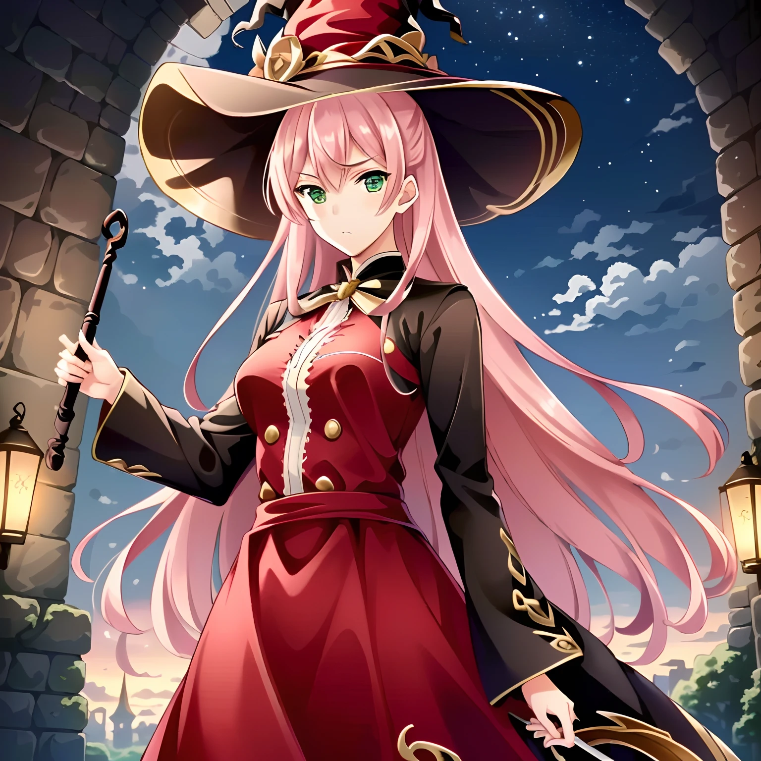 ((masutepiece)), (((Best Quality))), ((Ultra-detailed)), ((Illustration)), finely detail, extremely detailed CG unity 8k, hight resolution, {Beautiful detailed eyes}, finely detail,
1girl in, Long hair, Pink hair, Green eyes, (big eye), megustume, Witch Hat, Red dress, Long sleeve, Holding a wand, castle, Outdoors,