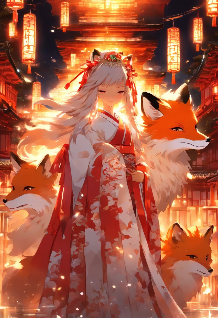 (masterpiece:1.1),(best quality:1.5),(illustrations:1.1),
(1girl and 1fox),
The girl looks like a shrine maiden,
fox is nine tails,
Big fox behind the girl,
BREAK,
A white, divine fox with nine tails and a shrine maiden are nestled together in front of the main shrine building, illuminated by moonlight. They have beautiful faces and brightly colored shining eyes. They wear white and crimson miko outfits. The fox's white fur shines faintly in the moonlight. Detailed drawing. Vivid colors. High image quality.,