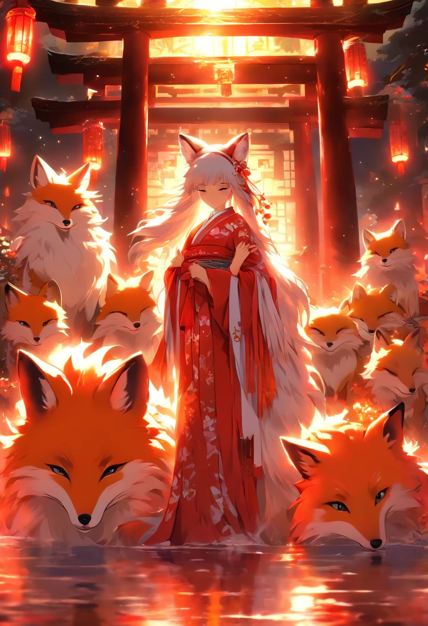 (masterpiece:1.1),(best quality:1.5),(illustrations:1.1),
(1girl and 1fox),
The girl looks like a shrine maiden,
fox is nine tails,
Big fox behind the girl,
BREAK,
A white, divine fox with nine tails and a shrine maiden are nestled together in front of the main shrine building, illuminated by moonlight. They have beautiful faces and brightly colored shining eyes. They wear white and crimson miko outfits. The fox's white fur shines faintly in the moonlight. Detailed drawing. Vivid colors. High image quality.,