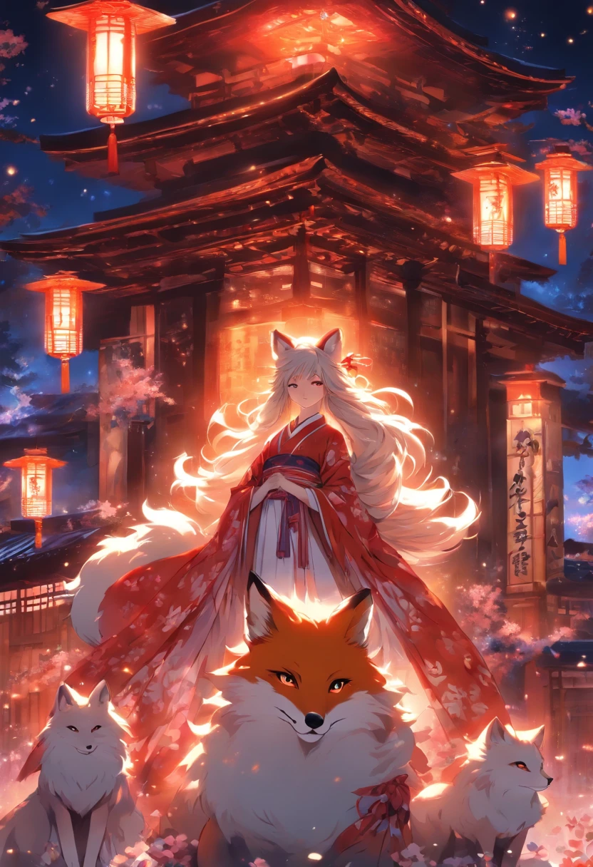 (masterpiece:1.1),(best quality:1.5),(illustrations:1.1),
(1girl and 1fox),
The girl looks like a shrine maiden,
fox is nine tails,
Big fox behind the girl,
BREAK,
A white, divine fox with nine tails and a shrine maiden are nestled together in front of the main shrine building, illuminated by moonlight. They have beautiful faces and brightly colored shining eyes. They wear white and crimson miko outfits. The fox's white fur shines faintly in the moonlight. Detailed drawing. Vivid colors. High image quality.,