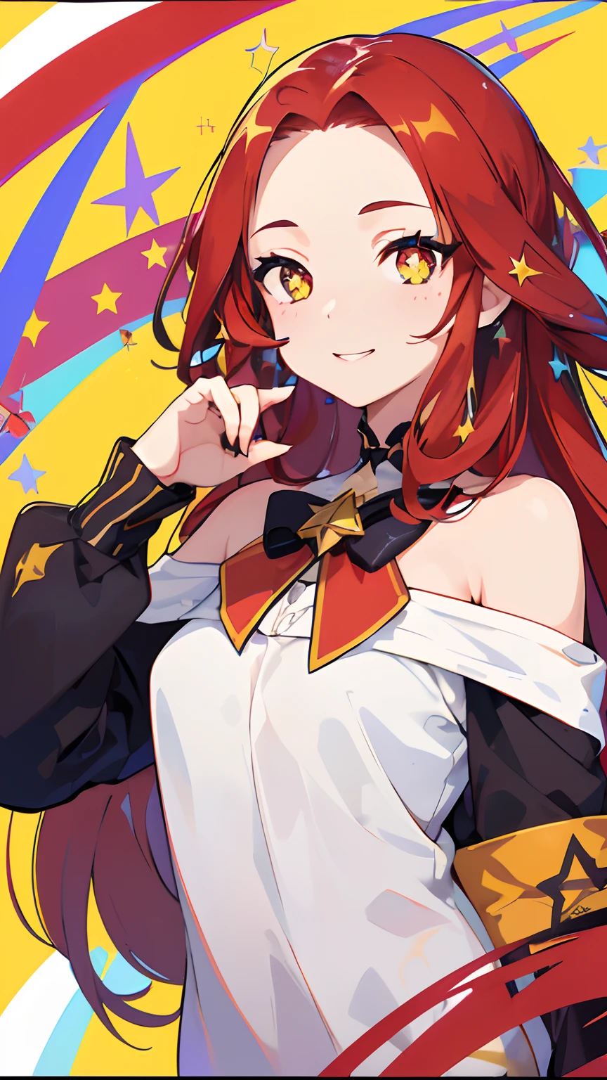 (masterpiece, best quality), ((1girl, (mature female) long hair), (star-shaped pupils, +_+, symbol-shaped pupils, sparkling eyes)), (looking at viewer, light smile, off shoulder), (multicolored background, abstract background, chromatic aberration),( red hair, yellow eyes, forehead