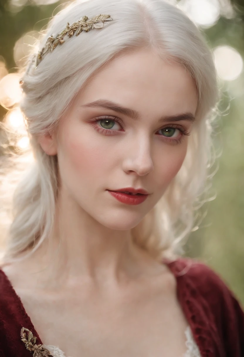 (((a deep reddish wound crosses her left cheek))) fair complexion, woman around 19 years old, natural white hair, distinctive green eyes, wearing kohl, slender and graceful, beautiful, candlelight in a medieval setting, ultra sharp focus, realistic shot, medieval female clothes, tetradic colors (scar:1.4)