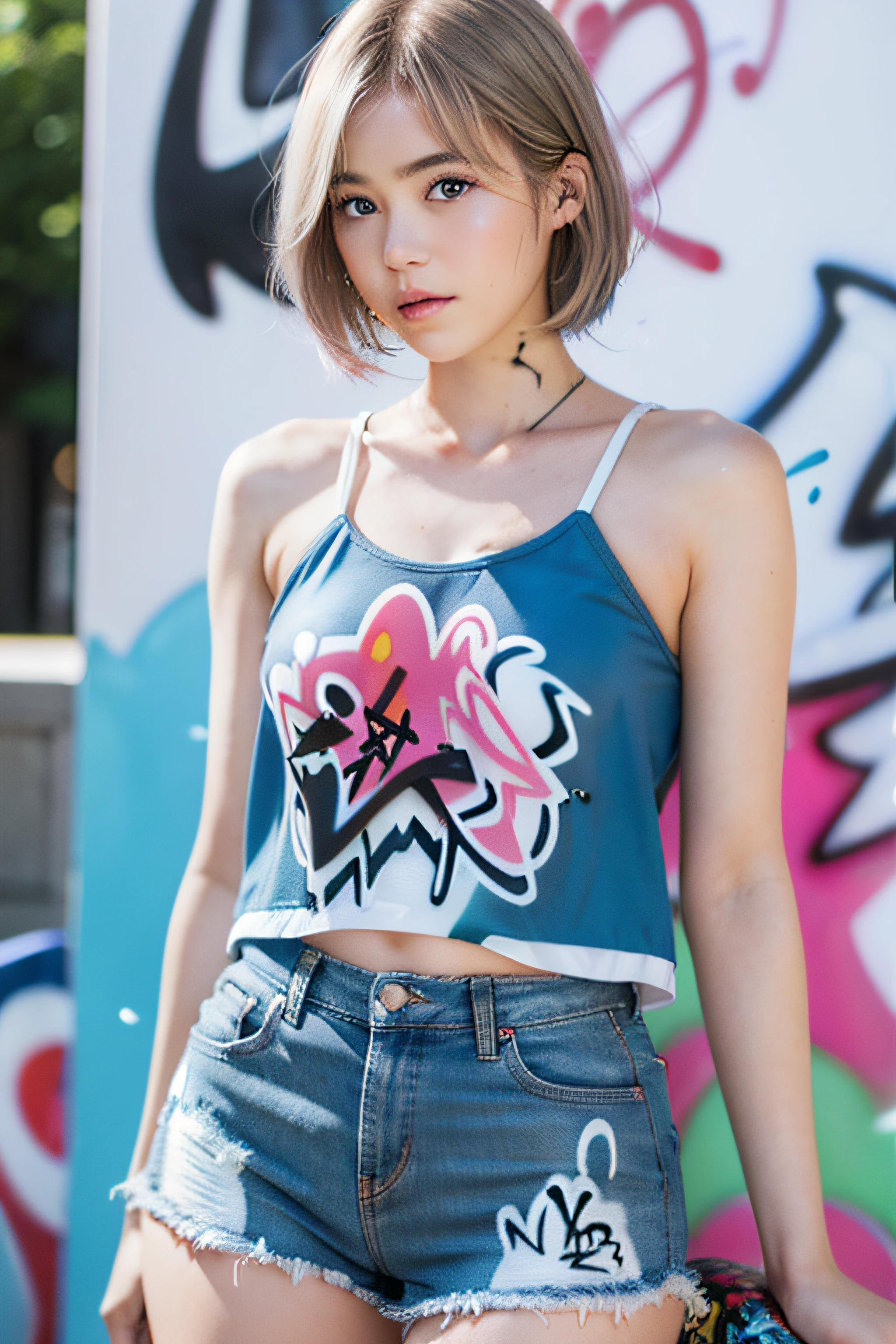 PA Real, masutepiece, Best Quality, ((Lauren Gray, Olivia Dunn's face)) 1girl in, 独奏、 (Graffiti:1.5), Paint Splatter, Inside the city, A bracelet, Thigh strap, tilt of the head, blondehair, Gray-blue eyes of the iris, 8K resolution, intricate clothing, Intricate details,short-hair、nudde、hotpants、slenderbody、