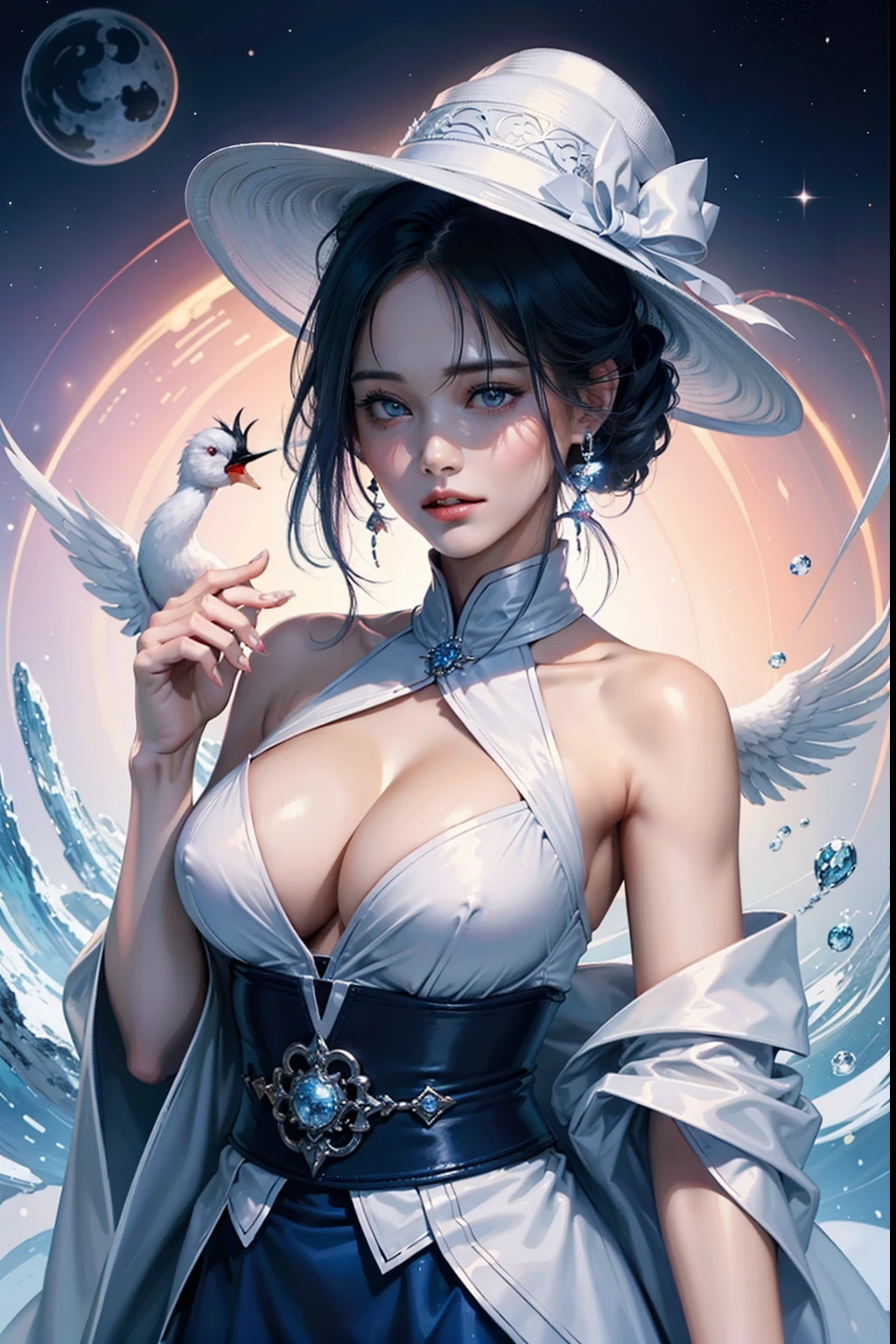 Gossip Diagram,Yin and Yang Eyes,taijitu,Woman,conservative clothing,Poor milk,(Wearing a big hat),Blue Crane,Wearing blue and red and white princess dresses,upper body close - up,Close-up photos,jewely,Vision of Heaven and Earth,Diamond,carp,The background is the Milky Way,solar system