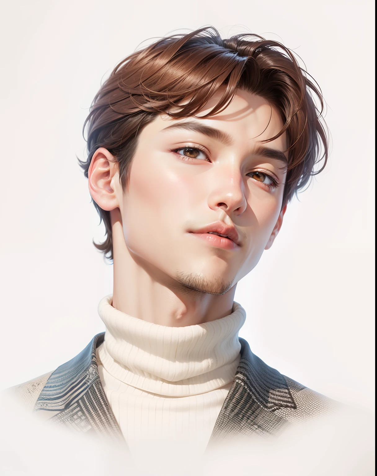 Handsome boy,korean, brown hair, realistic, turtle neck,