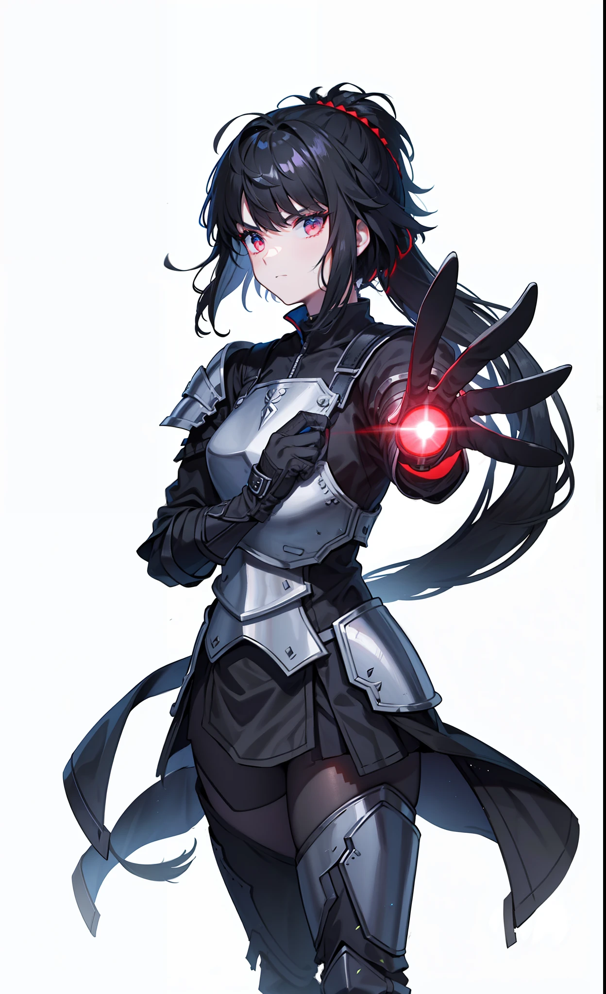 Warrior dressed in black armor black hair with palm emitting an 8k light