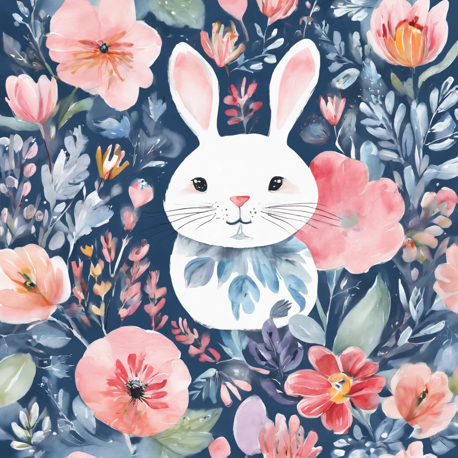 aquarelle, Small flowers, Blue and pink,Cute cartoon white rabbit, Beautiful, 1:1, the watercolor style, Flower and leaf motifs, Wet process and wet process, mute, Indigo, Fabric design, Flat illustration, highly detailed cleaning, Vector image, Masterpiece, professional, isometry, Bright vector, Black background, Dry brush, Brush strokes, Painted on canvas, by J.m.Show on the. Turner. Expressive markers.
