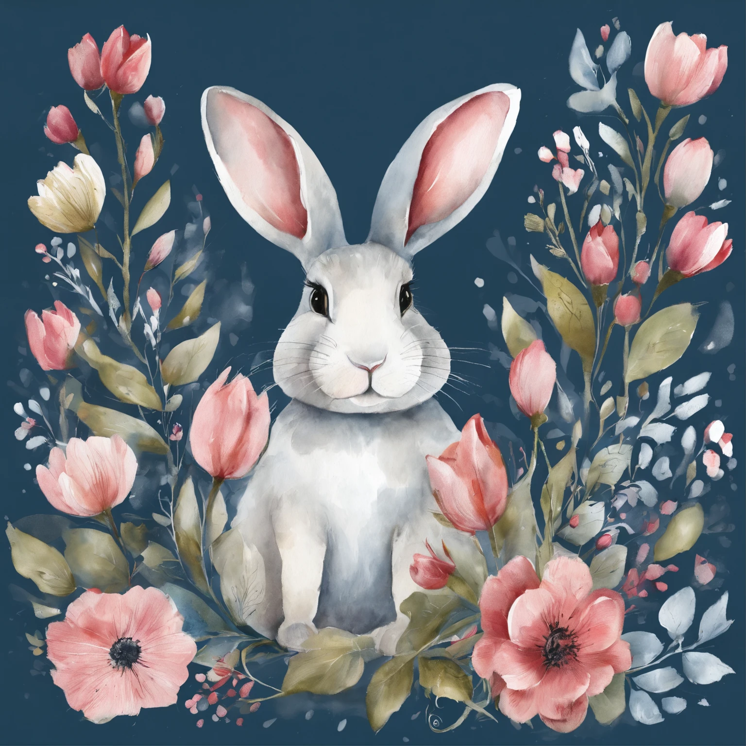 aquarelle, Small flowers, Blue and pink,Cute cartoon white rabbit, Beautiful, 1:1, the watercolor style, Flower and leaf motifs, Wet process and wet process, mute, Indigo, Fabric design, Flat illustration, highly detailed cleaning, Vector image, Masterpiece, professional, isometry, Bright vector, Black background, Dry brush, Brush strokes, Painted on canvas, by J.m.Show on the. Turner. Expressive markers.