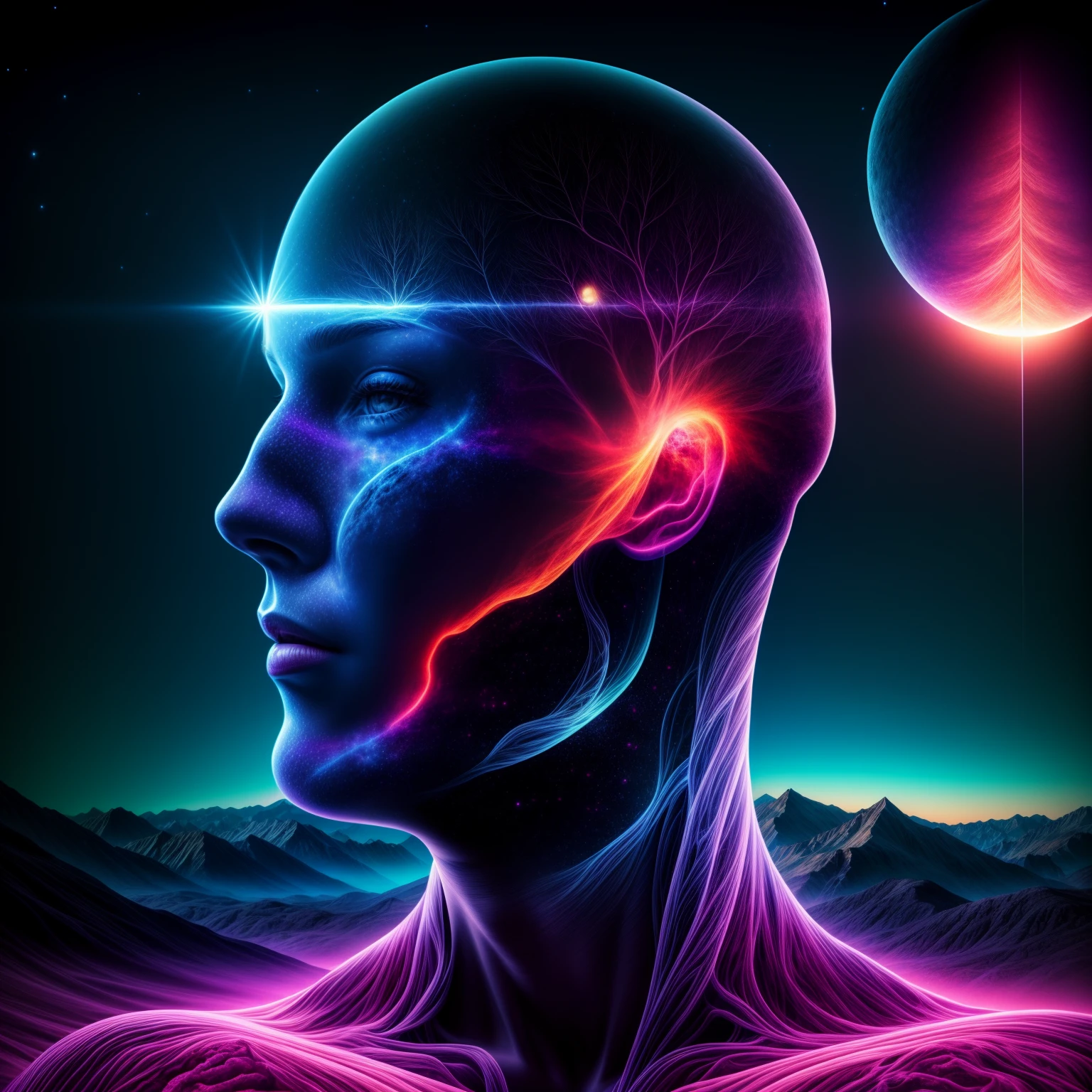 photo realistic, 8K, best quality, depth of field, transparent skin of giant human on background, innards is seen through the skin, psychedelic hallucination, night sky, mountain