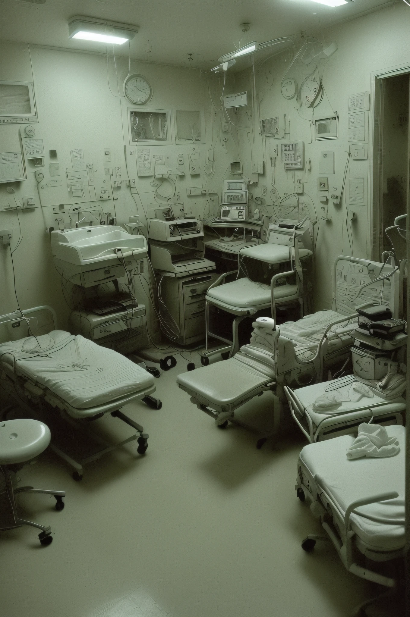 (mid night、deep in the night)、(Nostalgic but worrisome photos、Images in a dream)、((unmanned、There are no people))、((In the hospital、Examination table、Medical Instruments、Dimly lit hospital))、((Particle、Grainy photo、Film Touch、color photograph、colourfull、wide angles、wide-angle lens))、