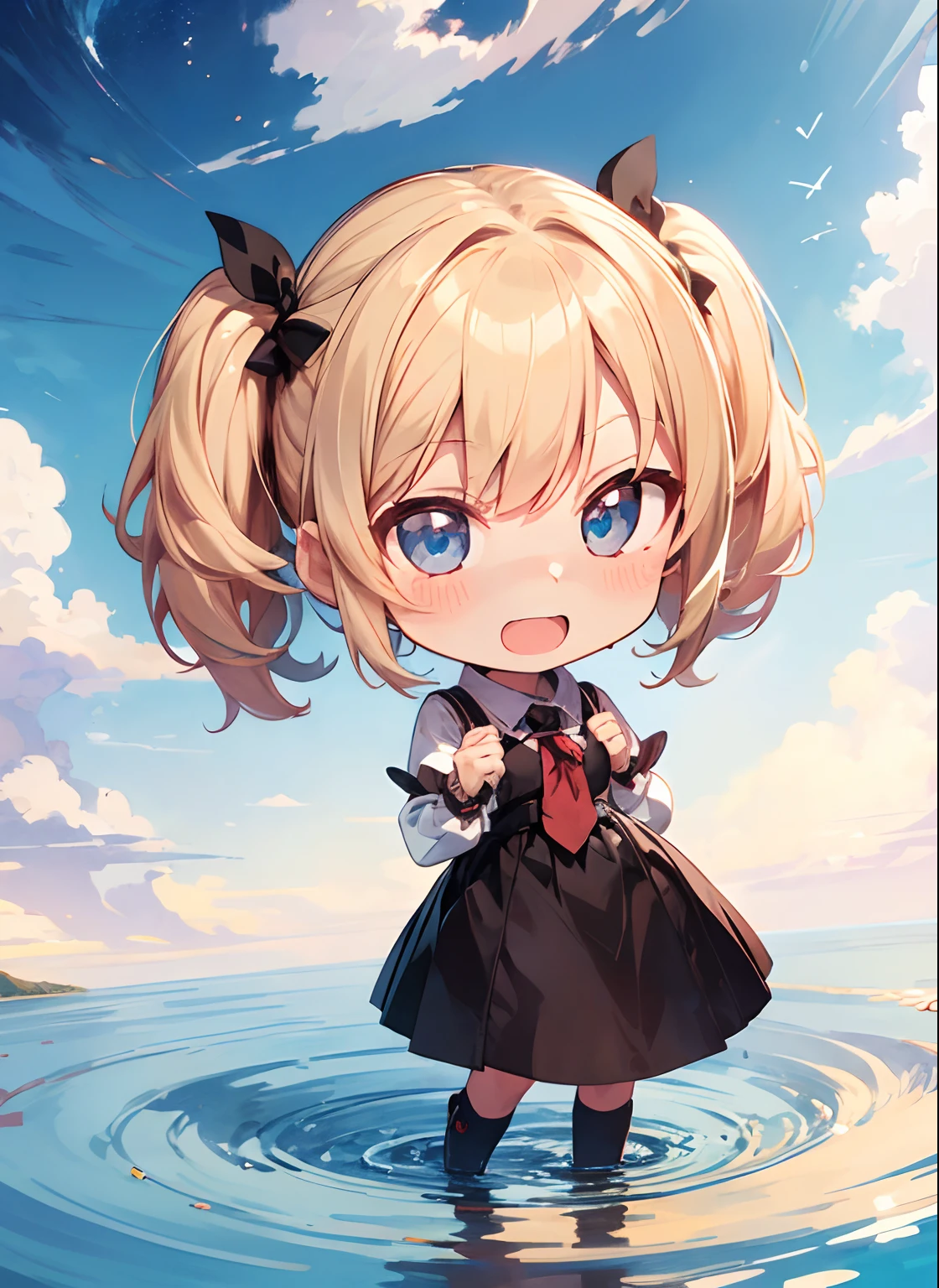 absurderes, ultra-detailliert,bright colour, extremely beautiful detailed anime face and eyes, view straight on, (Chibi:1.5),Happy smile,Short hair, , asymmetrical bangs, Blonde hair with short twin tails, Shiny hair, Delicate beautiful face,Blue eyes, White skin, hair clips, Beautiful cloud, Dusk sky,piece sign、Opening Mouth,(Full body:1.5)