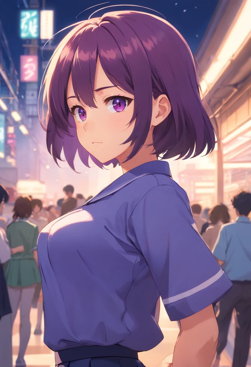 Uniforme scolaire, bas noirs, erect breasts, gros cul, cheveux courts violets, yeux noisette