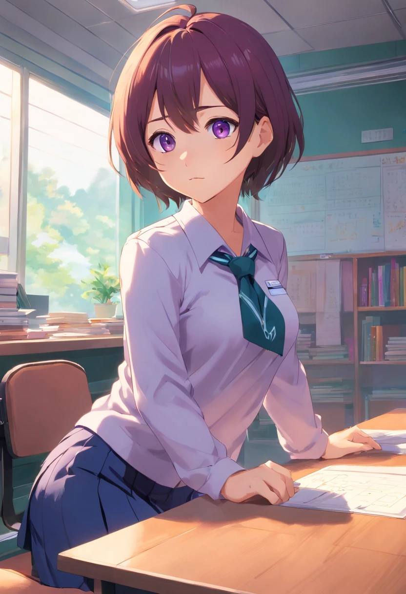 Uniforme scolaire, bas noirs, erect breasts, gros cul, cheveux courts violets, yeux noisette