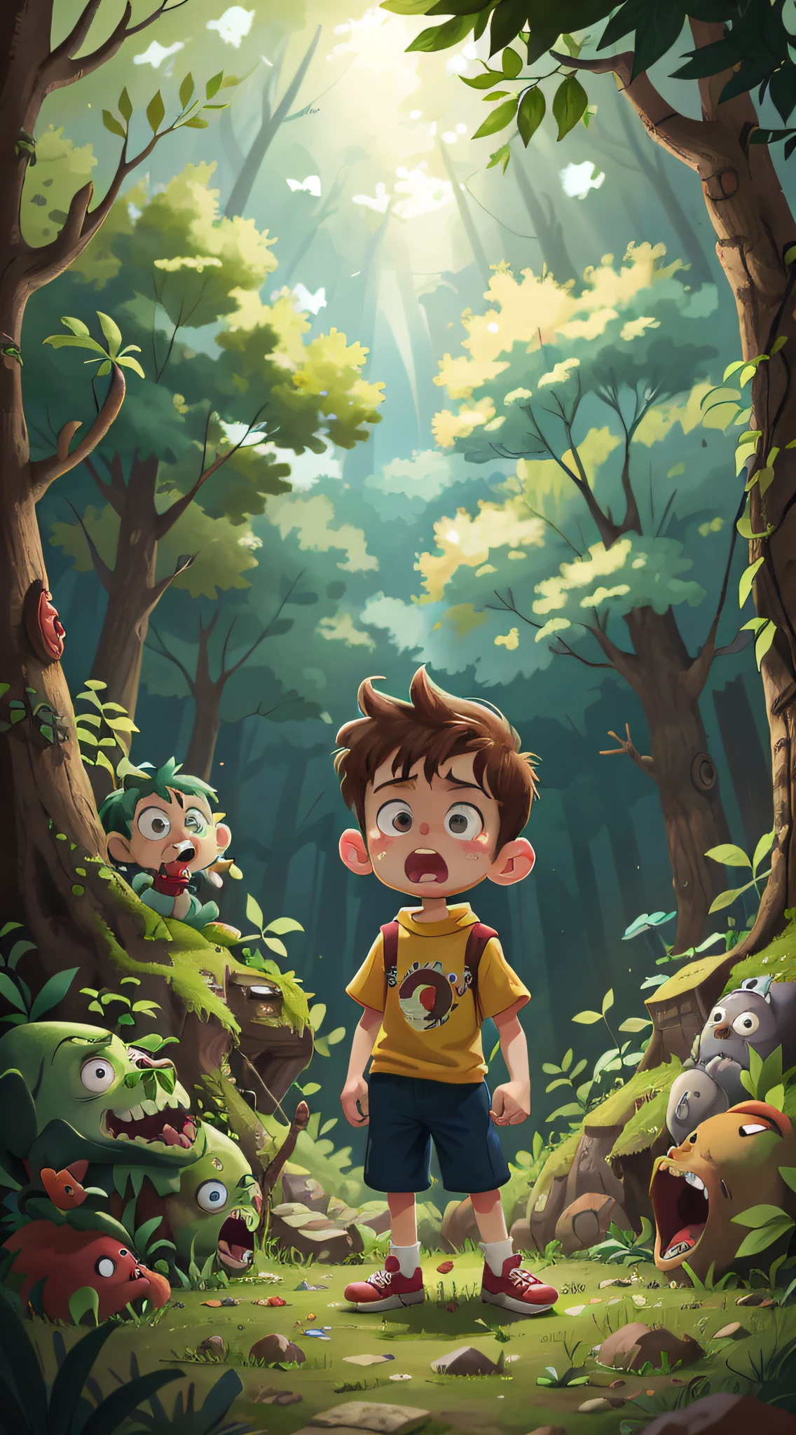 lucas the boy, calling for help, hand over mouth screaming, SCARY FACE, SCARY, SCARED, CORNERED, SITTING, SCARY FOREST, CREATURES