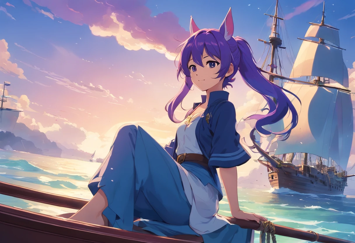 Licorne, Capitaine pirate, sourire, sur un navire, femelle, couleur violette, long back mane three shades of blue that ends in a ponytail, Tenue de pirate, tricorne de capitaine pirate, Floating sword.