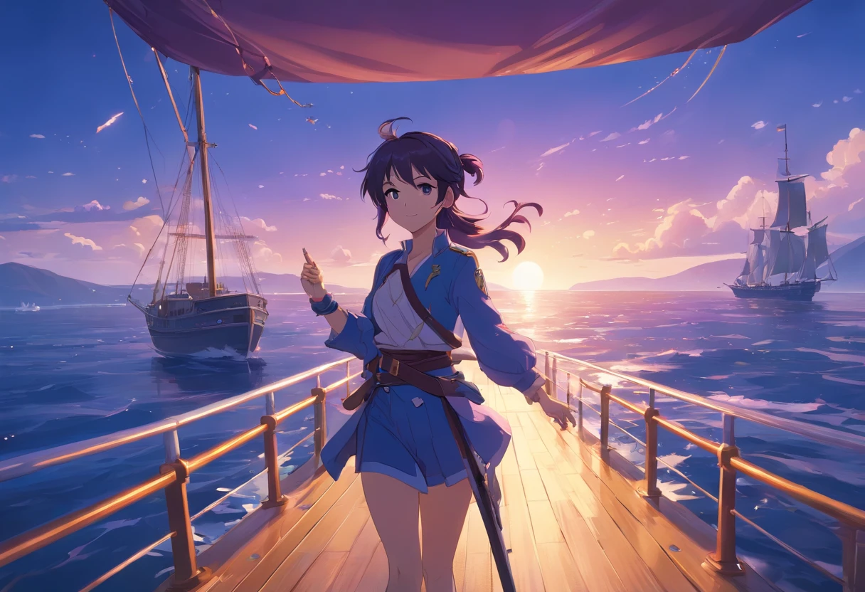 Licorne, Capitaine pirate, sourire, sur un navire, femelle, couleur violette, long back mane three shades of blue that ends in a ponytail, Tenue de pirate, tricorne de capitaine pirate, Floating sword.