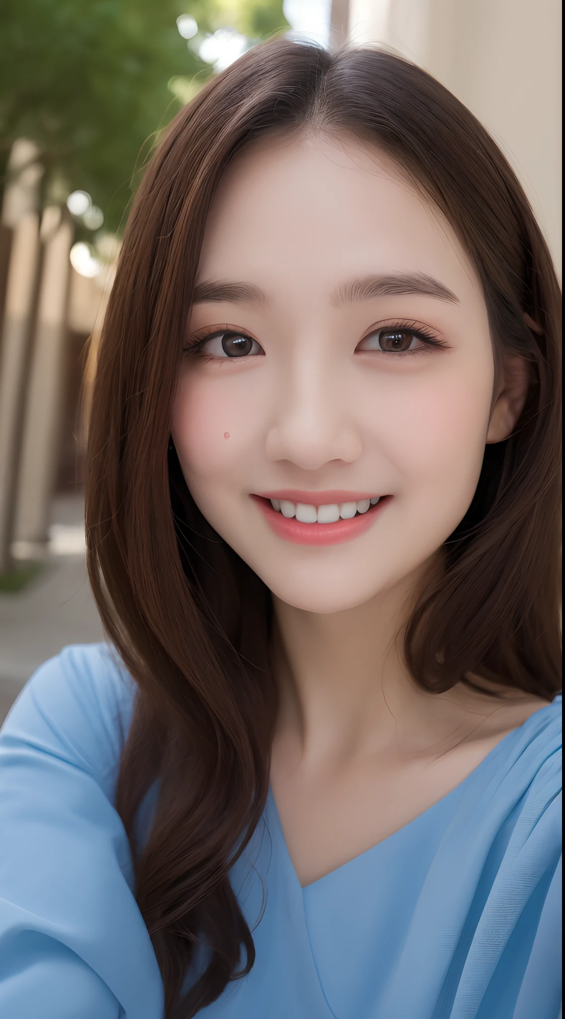 ((Best quality, 8k, Masterpiece :1.3)), 1girl, taking selfie, closeup, smilin, happy eyes, Pretty woman in blue dress, (Dark brown hair), Blue full length dress :1.1, Ultra-detailed face, Detailed eyes, Double eyelid,