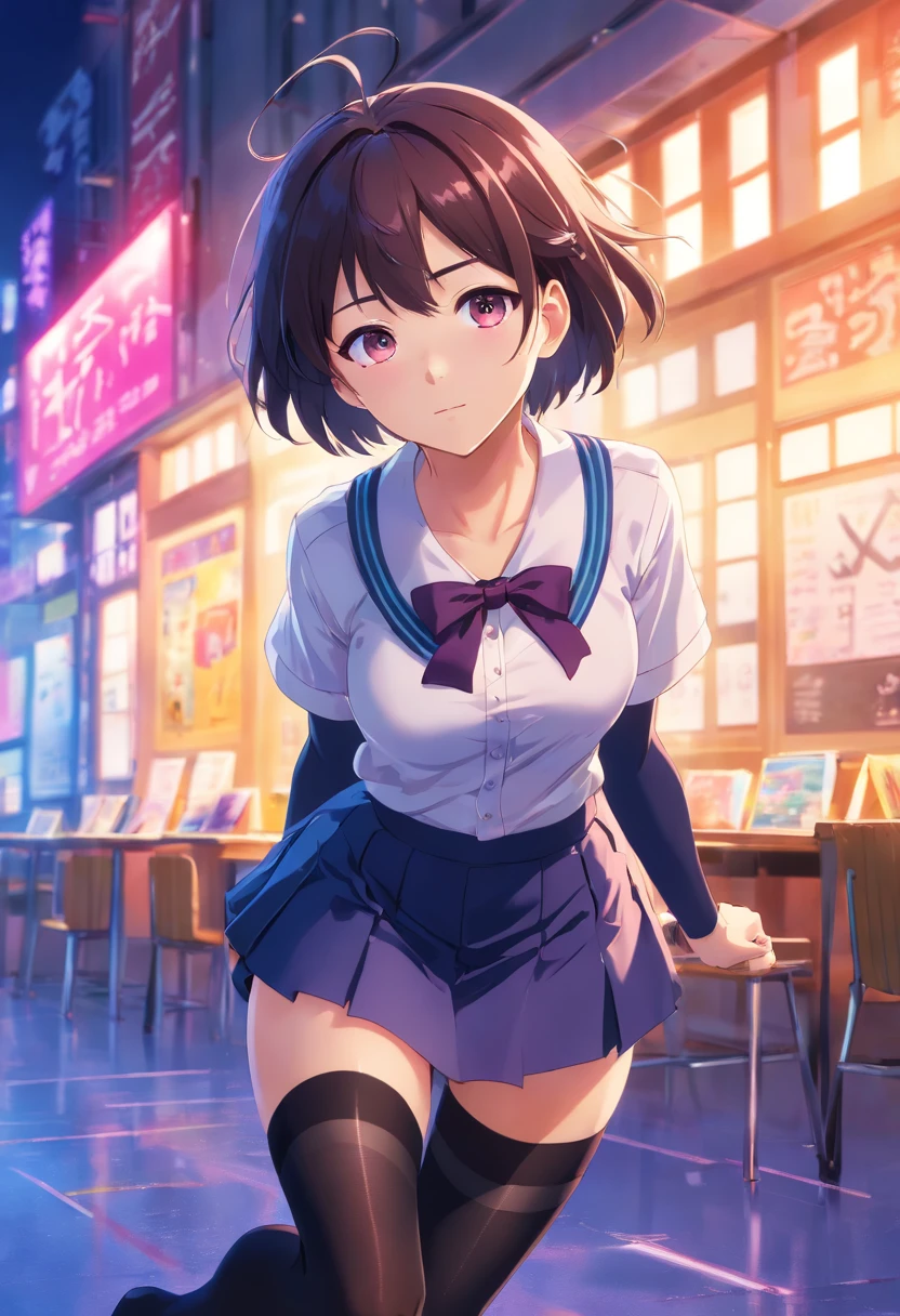 (best quality,8k,highres,masterpiece:1.2),ultra-detailed,uniform,black stockings,erect breasts,big butt,violet short hair,hazel eyes,anime,school uniform,thigh-high socks,short skirt,bustier,confident pose,solid background,soft lighting,shadows,colored highlights