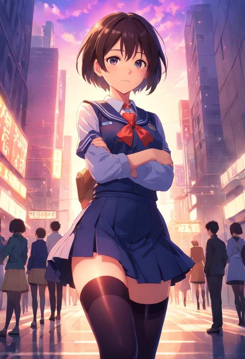 (best quality,8k,highres,masterpiece:1.2),ultra-detailed,uniform,black stockings,erect breasts,big butt,violet short hair,hazel eyes,anime,school uniform,thigh-high socks,short skirt,bustier,confident pose,solid background,soft lighting,shadows,colored highlights