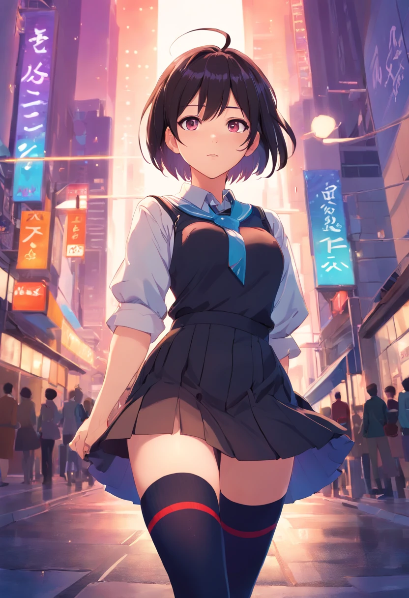 (best quality,8k,highres,masterpiece:1.2),ultra-detailed,uniform,black stockings,erect breasts,big butt,violet short hair,hazel eyes,anime,school uniform,thigh-high socks,short skirt,bustier,confident pose,solid background,soft lighting,shadows,colored highlights