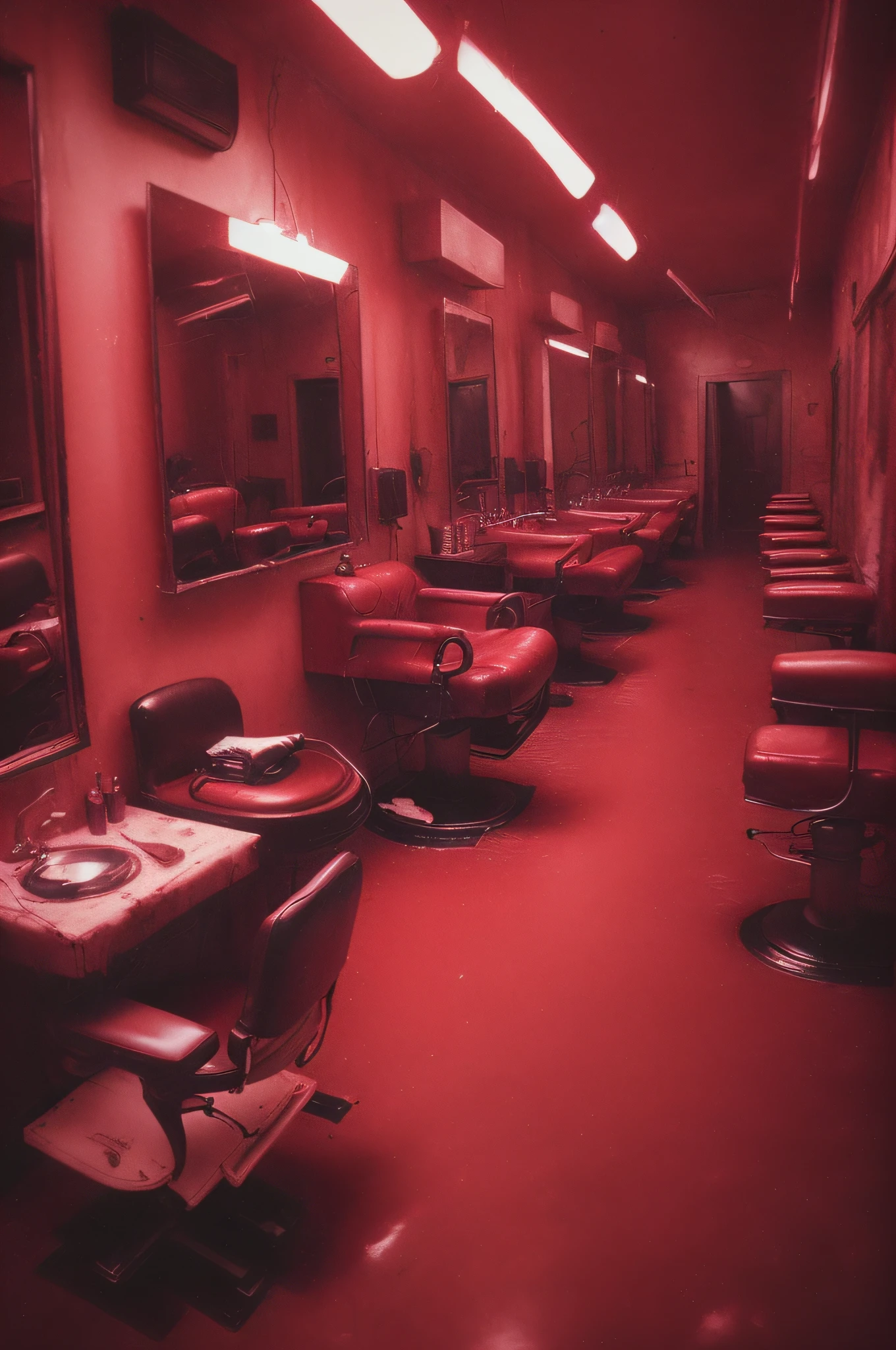 (mid night、deep in the night)、(Nostalgic but worrisome photos、Images in a dream)、((unmanned、There are no people))、((barber、scissors、Red light))、((Particle、Grainy photo、Film Touch、color photograph、colourfull、wide angles、wide-angle lens))、