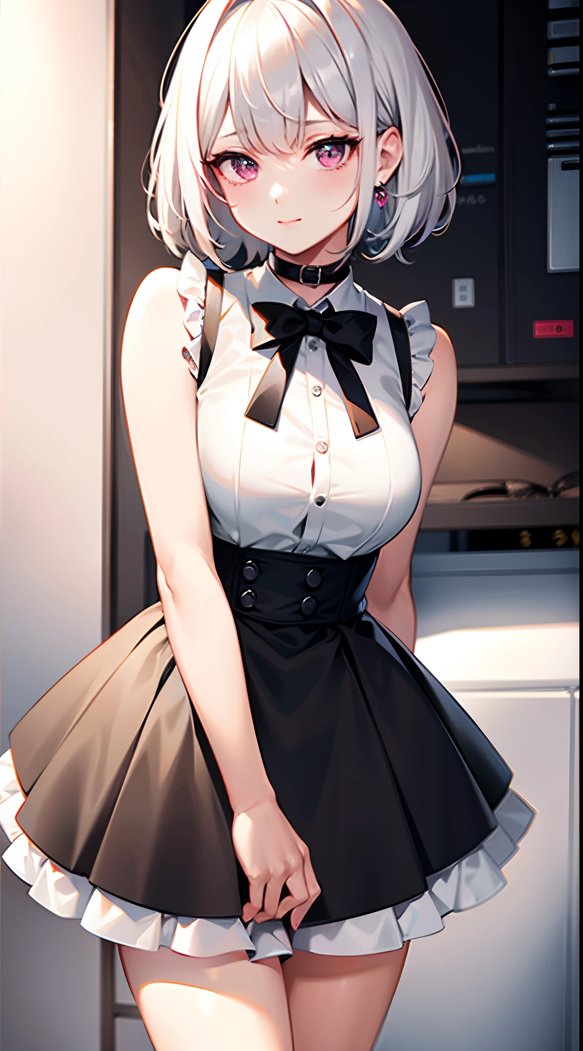 best quality, ultra high res, 1girl, sleeveless white button shirt, black skirt, black choker, cute, (Kpop idol), (aegyo sal:1), (platinum blonde hair:1), ((puffy eyes)), looking at viewer, standing, facing front
